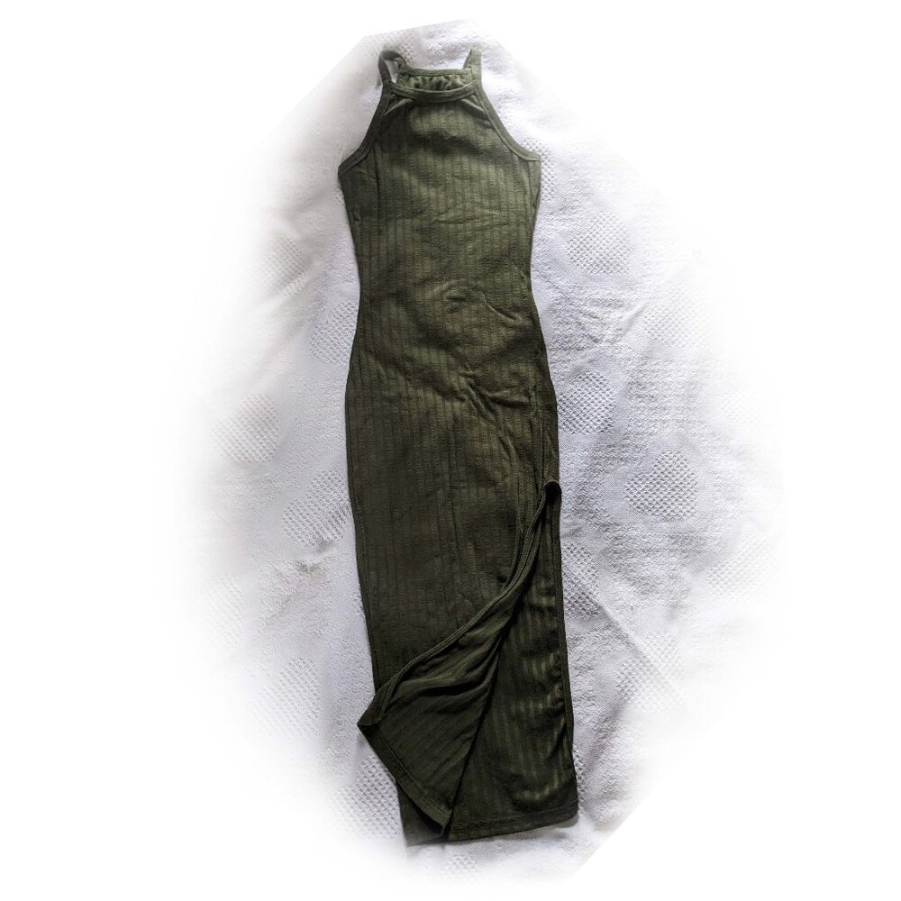 unbranded olive green ribbed midi dress with slit Sz XS